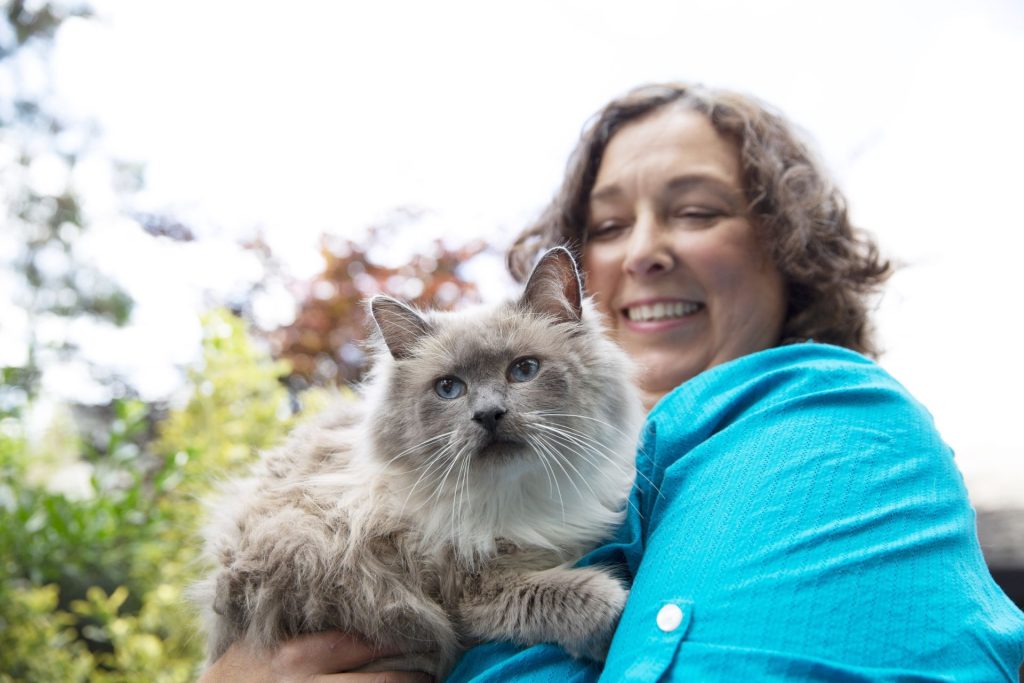 Woman holding fluffy grey cat