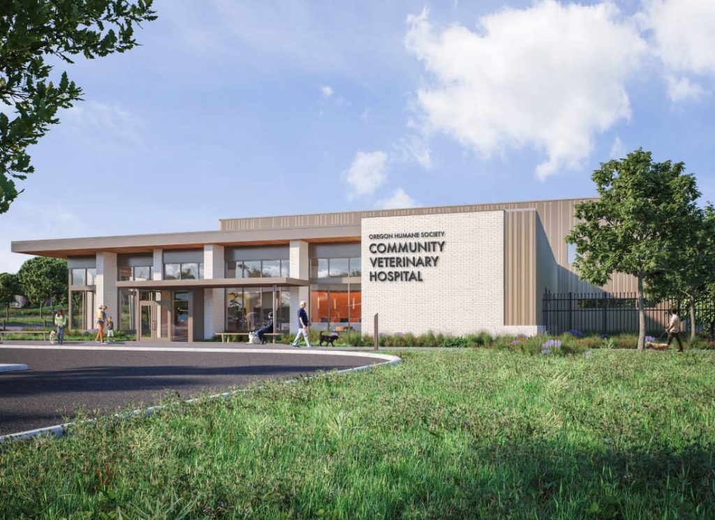 Oregon Humane Society Community Veterinary Hospital rendering of building and exterior
